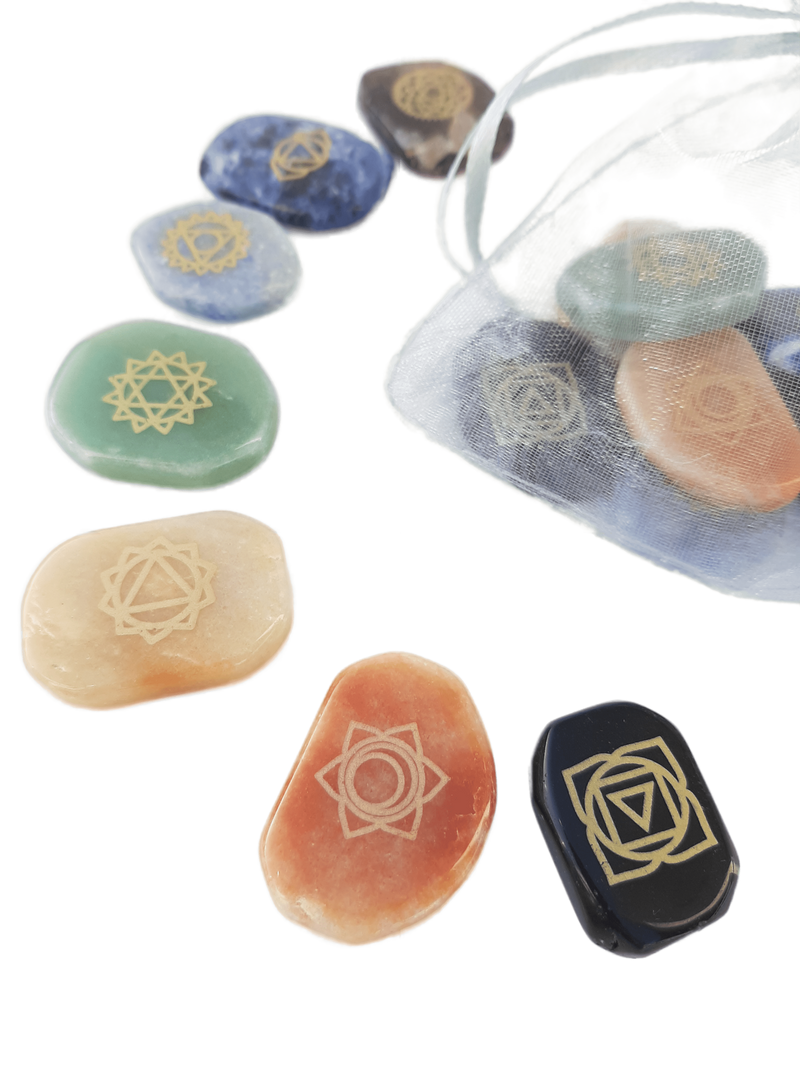 Chakra Healing Pack of Seven Types of Shaped Natural Crystal With Chakra Symbol