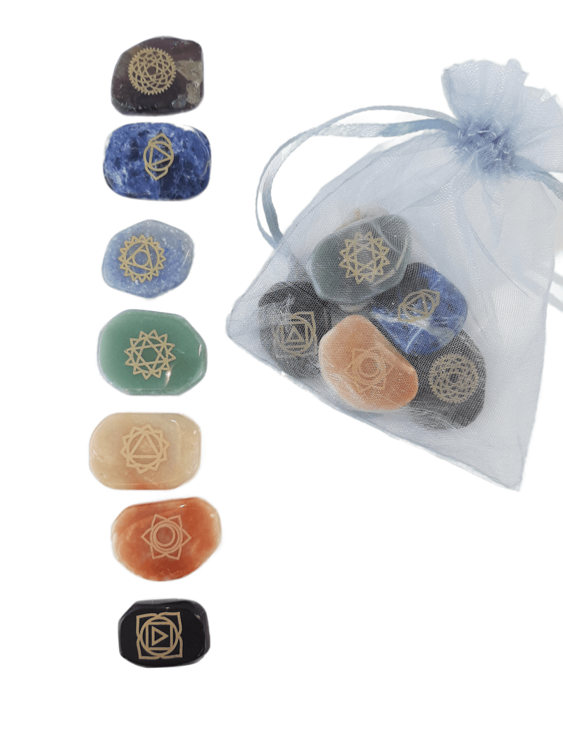 Chakra Healing Pack of Seven Types of Shaped Natural Crystal With Chakra Symbol