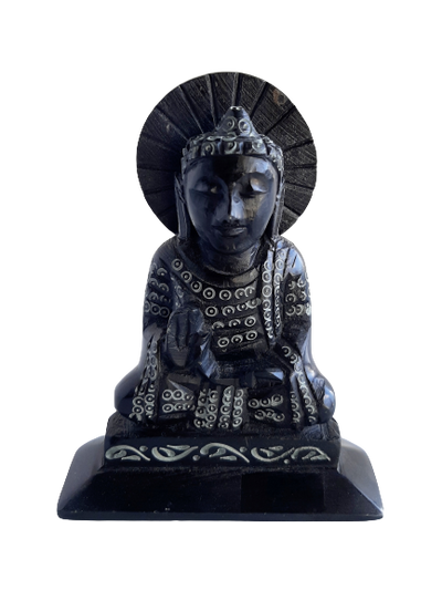 Buddha Sculpture Hand Carved Soapstone With Flat Base Black - 7.5cm