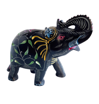 Elephant with Trunk Up Soapstone Black with Coloured Flower Design Hand Carved - 12.5cm