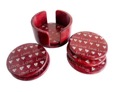 Coaster Set Carved Red Soapstone Polished with Etched Love Heart Design and 6 Coasters