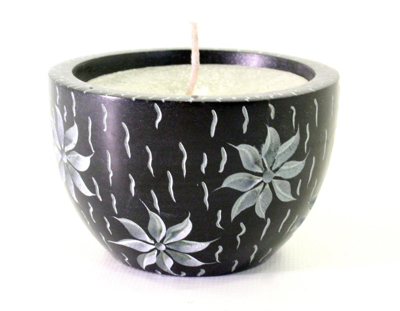 Black Soapstone Candle Bowl Hand Carved with Etched Flower Design - 6cm