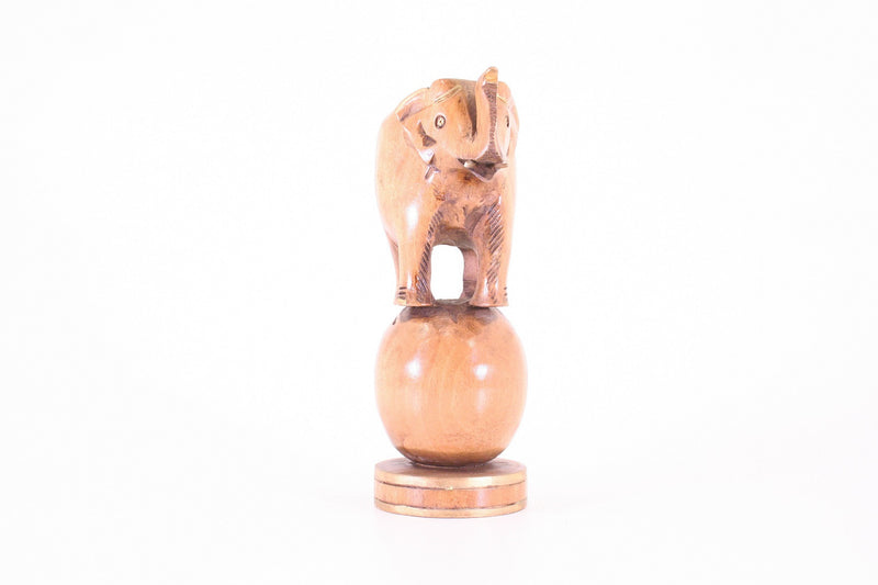 Elephant On Ball Wooden Statue Hand Carved From Thailand - 10cm
