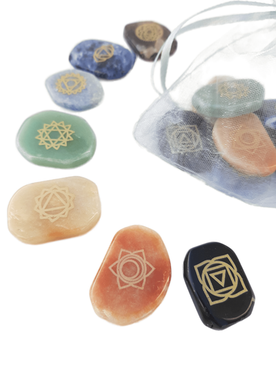 Chakra Healing Pack of Seven Types of Shaped Natural Crystal With Chakra Symbol