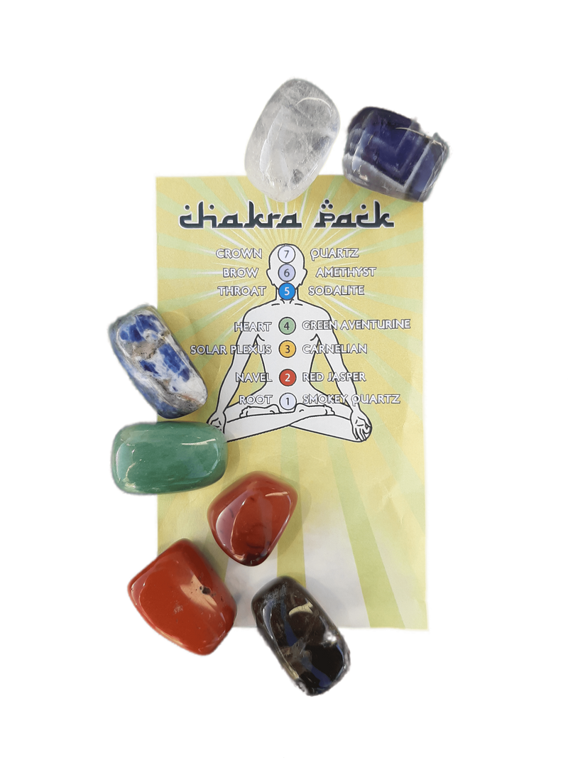 Chakra Pack of Seven Types of Tumbled Natural Crystal With Chakra Information