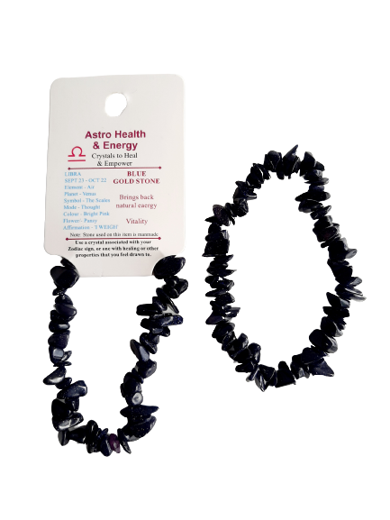Blue Goldstone Crystal Chip Elastic Horoscope Bracelet - Star Sign Libra