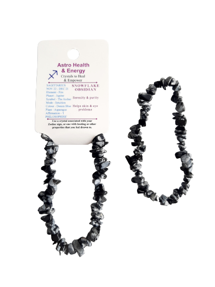 Snowflake Obsidian Crystal Chip Elastic Horoscope Bracelet - Star Sign Sagittarius