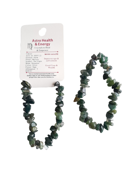 Moss Agate Crystal Chip Elastic Horoscope Bracelet - Star Sign Virgo