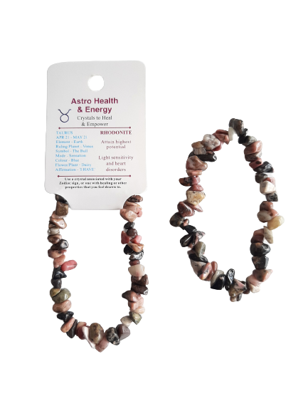 Rhodonite Crystal Chip Elastic Horoscope Bracelet - Star Sign Taurus