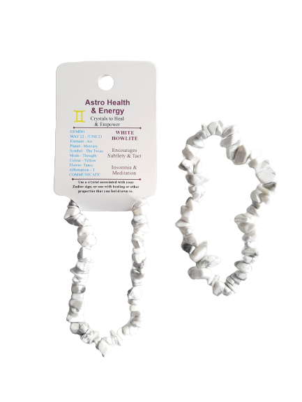 White Howlite Crystal Chip Elastic Horoscope Bracelet - Star Sign Gemini