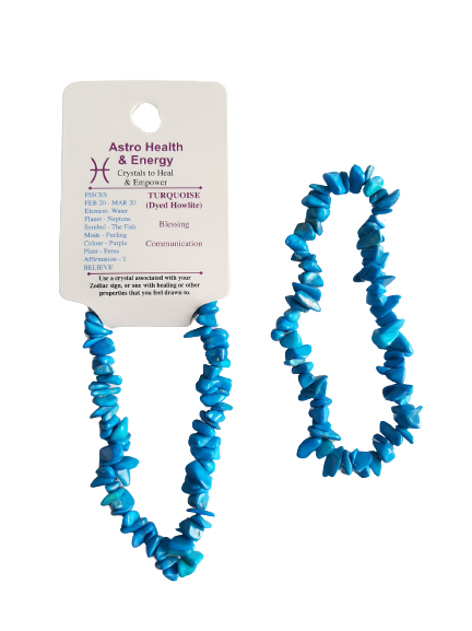 Blue Howlite (Imitation Turquoise) Crystal Chip Elastic Horoscope Bracelet - Star Sign Pisces