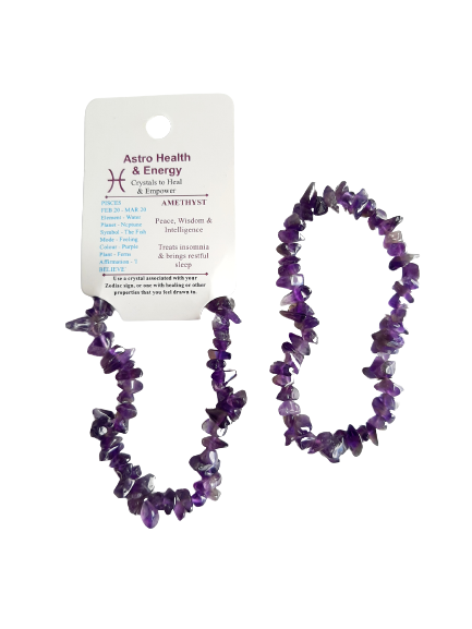 Amethyst Crystal Chip Elastic Horoscope Bracelet - Star Sign Pisces