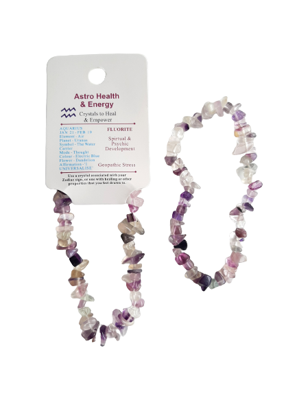 Rainbow Fluorite Crystal Chip Elastic Horoscope Bracelet - Star Sign Aquarius