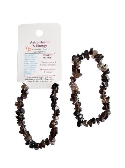 Smokey Quartz Crystal Chip Elastic Horoscope Bracelet - Star Sign Capricorn