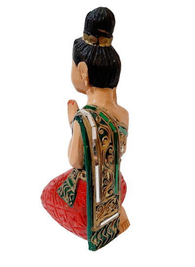 Hand Carved Wooden Thai Sawadee Lady Kneeling - 25cm