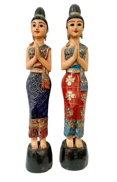 Hand Carved Wooden Thai Sawadee Lady Standing - 75cm
