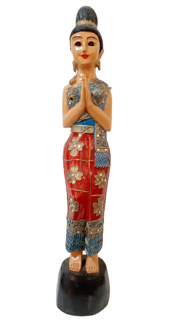 Hand Carved Wooden Thai Sawadee Lady Standing - 100cm
