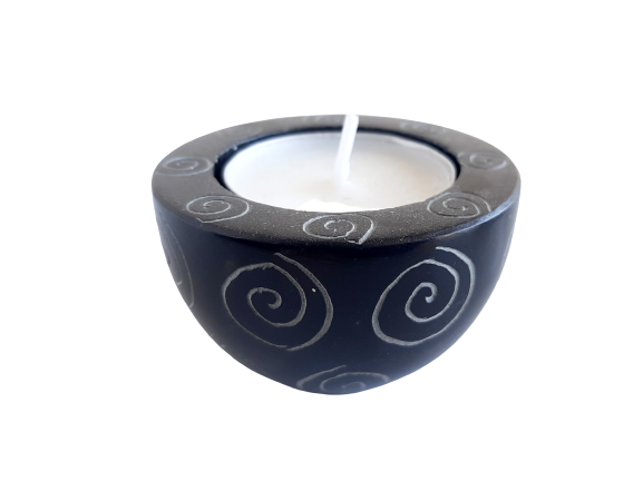 Round Cup Shaped Tea Light Soapstone Candle Holder Black With Etched Design Hand Carved- 6cm