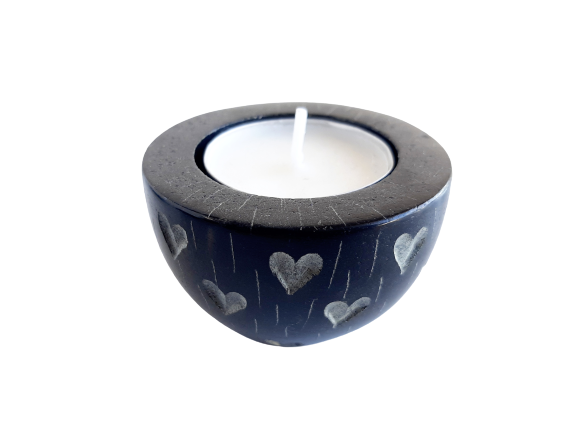 Round Cup Shaped Tea Light Soapstone Candle Holder Black With Etched Design Hand Carved- 6cm
