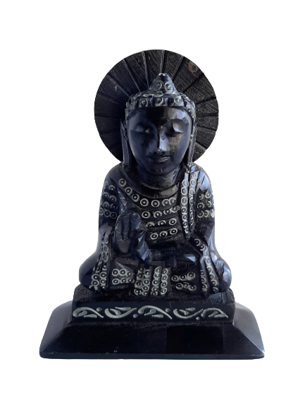 Buddha Sculpture Hand Carved Soapstone With Flat Base Black - 7.5cm