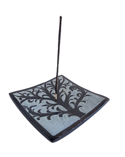Hand Carved Square Tree Of Life Incense Plate Black - 10cm
