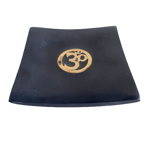 Hand Carved Square Incense Plate Black With Om Symbol - 10cm