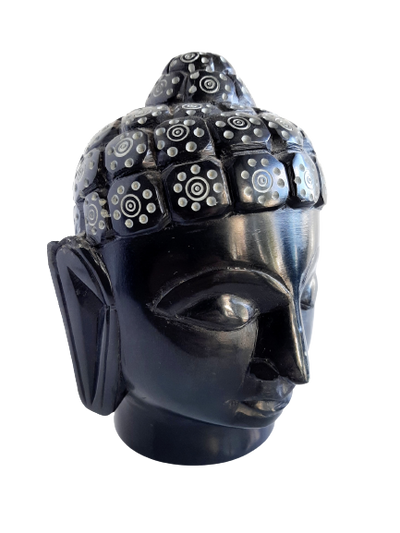 Buddha Head Sculpture Hand Carved Soapstone With Flat Base (Black)