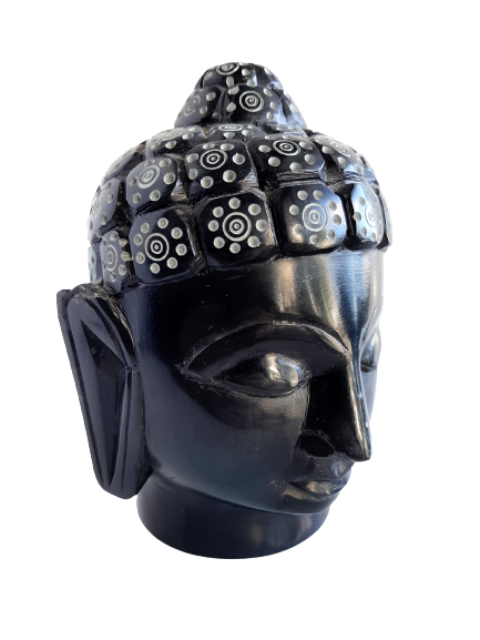 Buddha Head Sculpture Hand Carved Soapstone With Flat Base (Black)