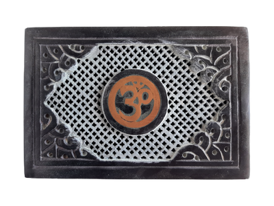 Hand Carved Soapstone Jewellery Box with 'Om' Symbol - 10x15cm Black