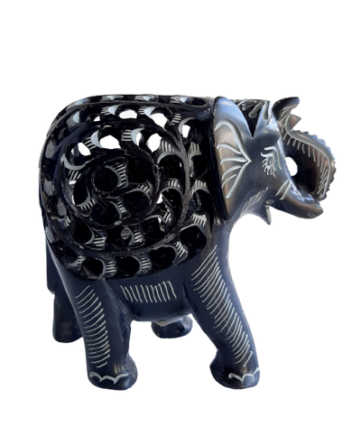 Elephant with Undercut Baby Elephant Design Figurine Hand Carved Soapstone Black