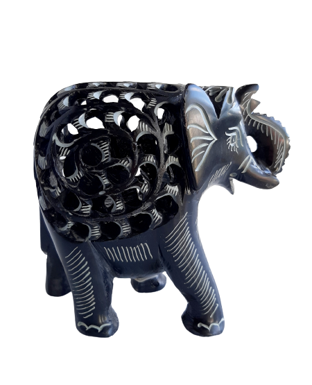 Elephant with Undercut Baby Elephant Design Figurine Hand Carved Soapstone Black