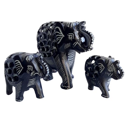 Elephant with Undercut Baby Elephant Design Figurine Hand Carved Soapstone Black