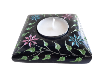 Coloured Tea Light Candle Holder Hand Carved Black Soapstone - 7cm