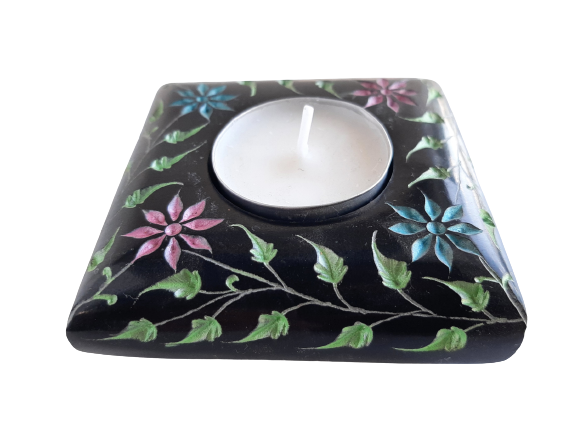 Coloured Tea Light Candle Holder Hand Carved Black Soapstone - 7cm