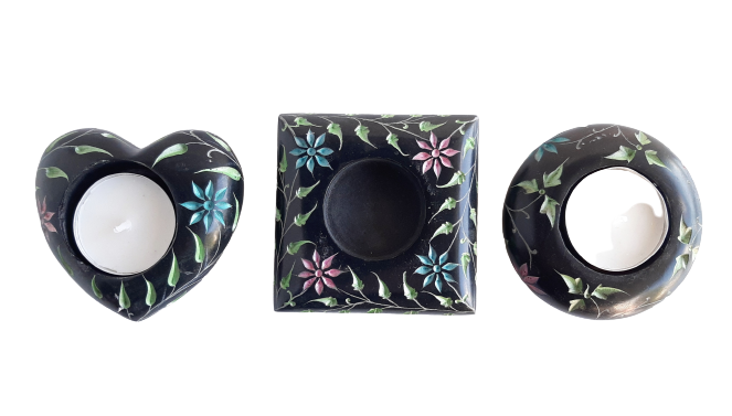 Coloured Tea Light Candle Holder Hand Carved Black Soapstone - 7cm