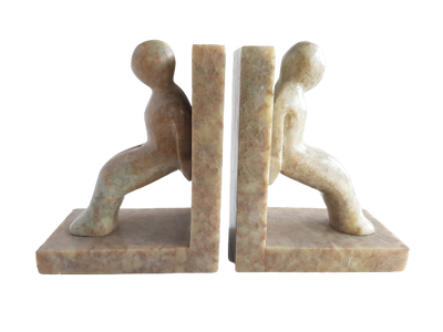 Leaning Figures Statue Book-End Pair Hand Carved Soapstone On Polished Base - 10cm