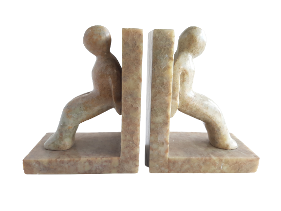 Leaning Figures Statue Book-End Pair Hand Carved Soapstone On Polished Base - 10cm