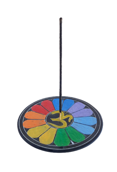 Hand Carved Circle Rainbow Chakra Incense Holder 'Om' Symbol - 10cm