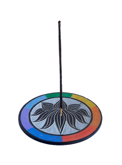Hand Carved Circle Rainbow Chakra Incense Holder 'Lotus' Design - 10cm