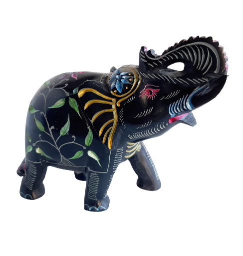 Elephant with Trunk Up Soapstone Black with Coloured Flower Design Hand Carved - 12.5cm
