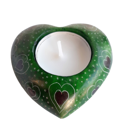 Heart Tea Light Candle Holder Hand Carved Green Soapstone - 7.5cm