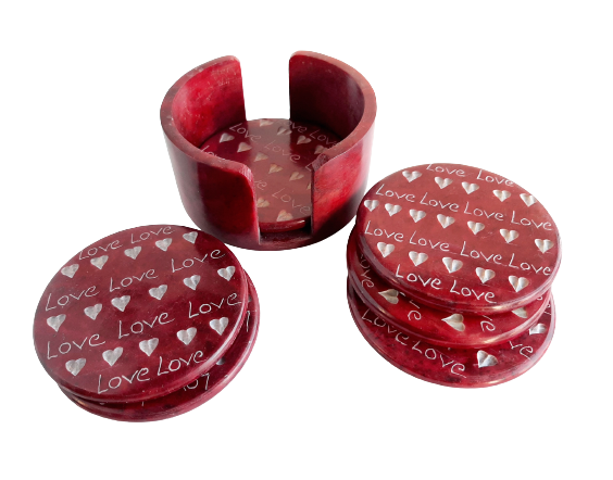 Coaster Set Carved Red Soapstone Polished with Etched Love Heart Design and 6 Coasters