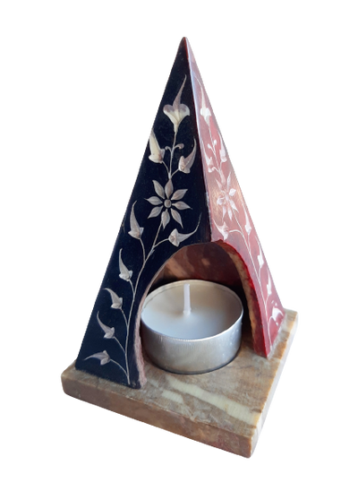 Pyramid Tea Light Hand Carved Polished Soapstone Candle Holder with Flower Etched Design Red - 7.5x10cm