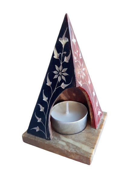 Pyramid Tea Light Hand Carved Polished Soapstone Candle Holder with Flower Etched Design Red - 7.5x10cm