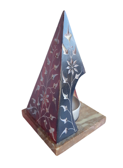 Pyramid Tea Light Hand Carved Polished Soapstone Candle Holder with Flower Etched Design Red - 7.5x10cm