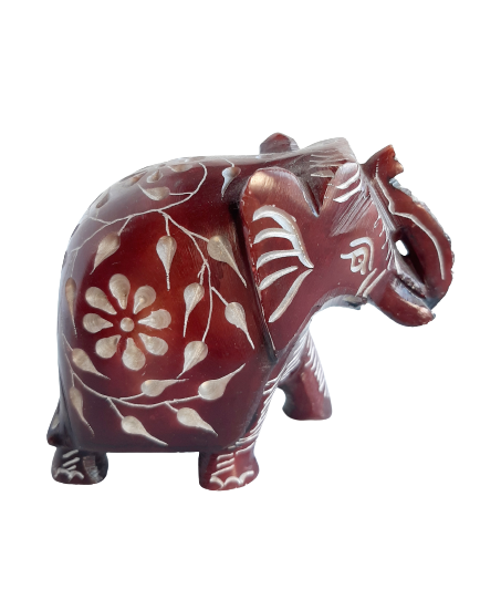 Elephant with Flower Design Figurine Hand Carved Soapstone - 7.5cm