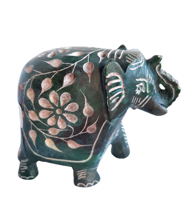 Elephant with Flower Design Figurine Hand Carved Soapstone - 7.5cm