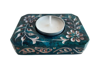 Rectangle Soapstone Tea Light Candle Holder with Etched Flower Design Polished Hand Carved - 8cm