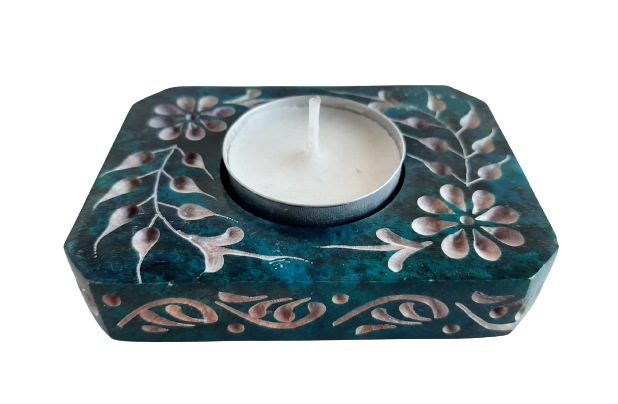 Rectangle Soapstone Tea Light Candle Holder with Etched Flower Design Polished Hand Carved - 8cm