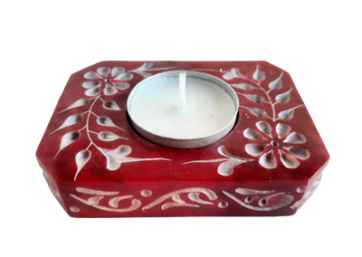 Rectangle Soapstone Tea Light Candle Holder with Etched Flower Design Polished Hand Carved - 8cm